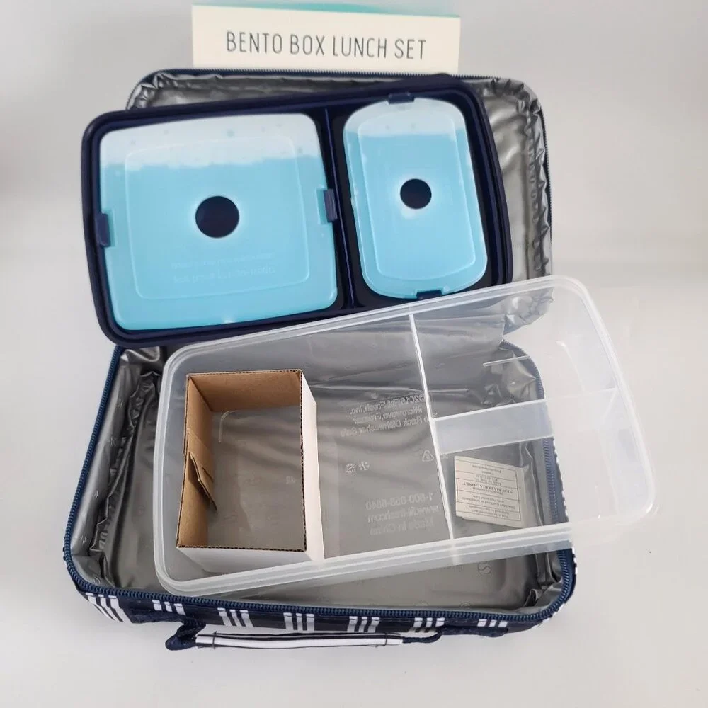 Fit & Fresh Bento Lunch Set 5 Pc Striped w 2 Ice Pack Insulated Zip Bag Navy NEW
